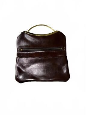Vintage Brown Leather Clutch Purse with Gold Handle, Approximately 9 Inches Wide